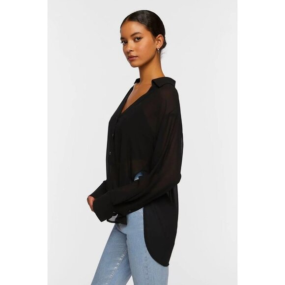 NWT Forever 21 Semi-Sheer V-Neck Shirt Size S Color‎ Black - Picture 2 of 8